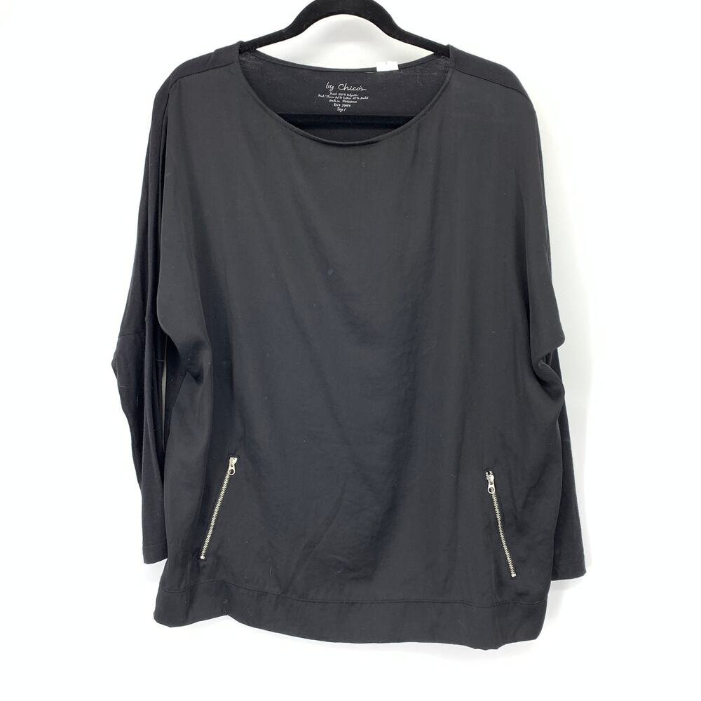 By Chicos Mixed Media Long Sleeve Blouse Womens Sz 1 US Medium Black